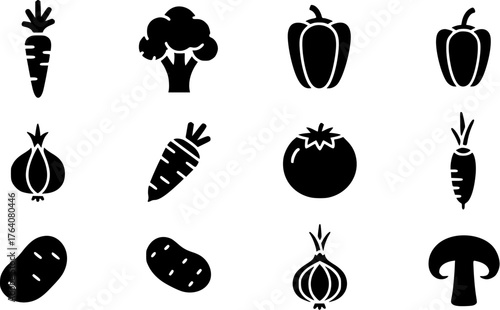 Vegetable glyph icon set featuring carrot, broccoli, bell pepper, onion, tomato, potato, mushroom, in black silhouette