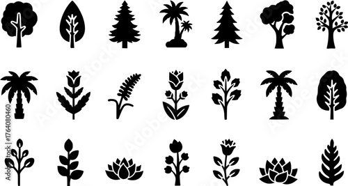 Collection of tree and plant black glyph icons representing different botanical species