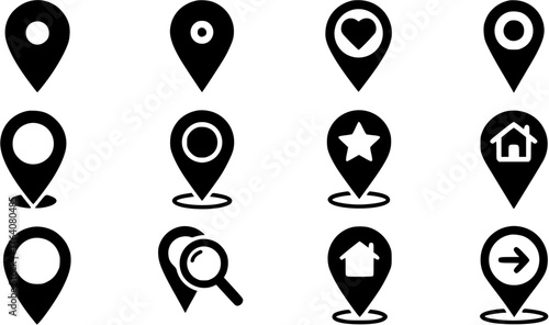 Map pointer black icon set with different symbols, location pin glyph collection