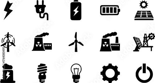 Black glyph icon set representing various sources of energy production, including renewable and non-renewable resources.