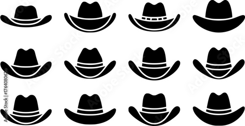Cowboy hat silhouette icon set with varied brim and crown styles, representing western culture in a minimalist design
