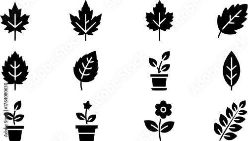 Set of various plants and leaves in black glyph icons style