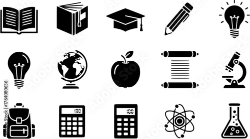 Set of black silhouette education icons representing various school subjects and learning tools
