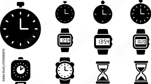 Clock and time icon set in solid black style depicting various timekeeping devices.