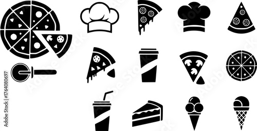 Black glyph icon set of fast food and dessert including pizza, chef hat, drink and ice cream