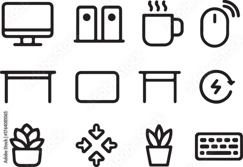  set of Stand wall vector icon coffee desk minimal mat wireless potted keyboard succulent