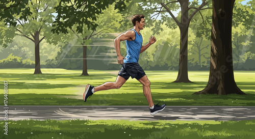 A man in athletic wear runs quickly on a paved path through a sunny park with trees and green grass.
