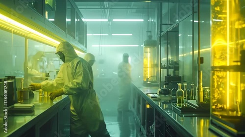 Scientists in Hazmat Suits Working in a Futuristic Laboratory with Glowing Yellow Liquids and Advanced Equipment.