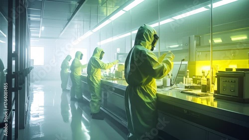 Scientists in Hazmat Suits Working in a High-Tech Laboratory.