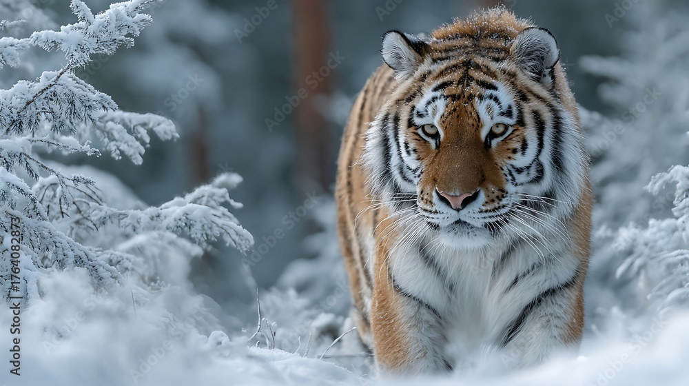 Obraz premium Majestic tiger walking through a snowy forest in winter. with frost covered branches and soft boke