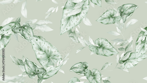 Botanical seamless pattern featuring watercolor-style soft green Caladium and...