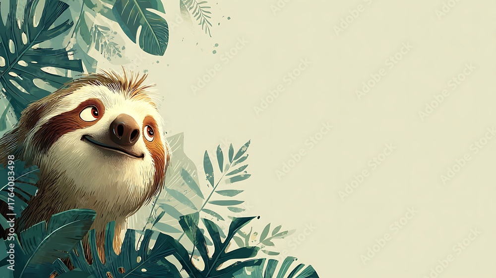 Naklejka premium Whimsical Cartoon Sloth Peeking from Lush Green Tropical Leaves. Playful Expression. Copy Space
