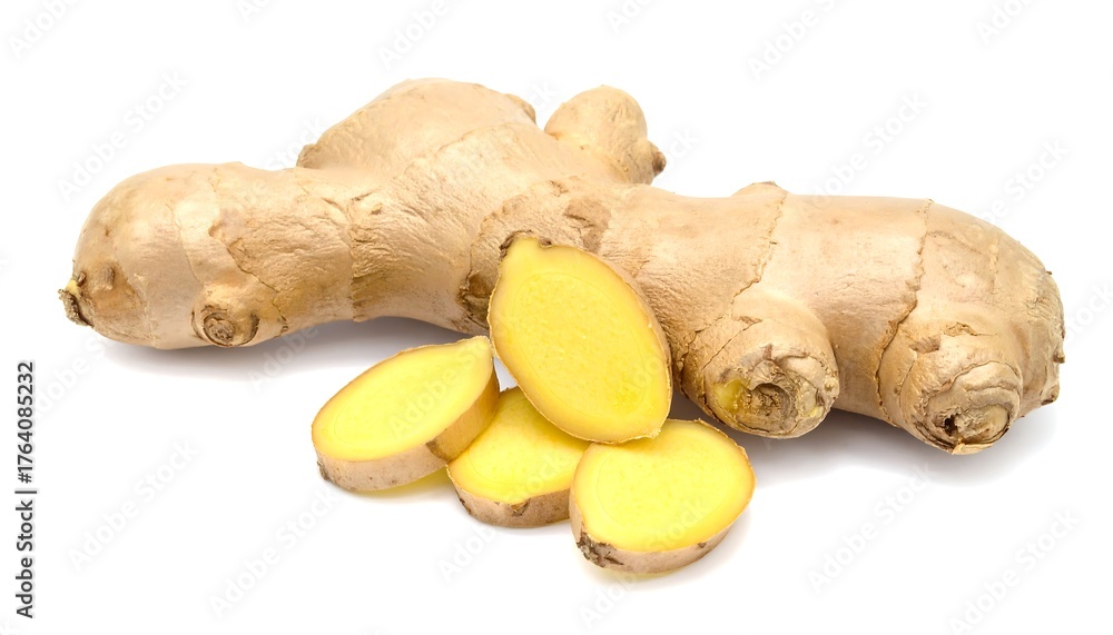 Fototapeta premium Fresh Ginger Root and Slices - A Culinary and Healthful Ingredient.