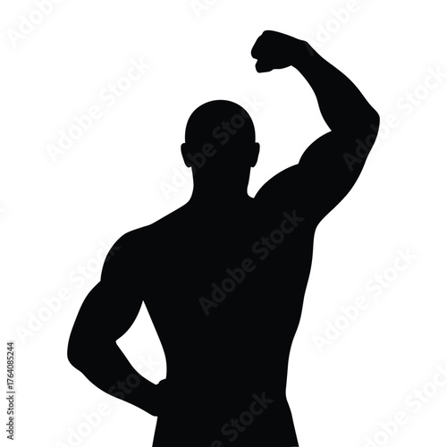 Silhouette of a muscular man flexing his bicep on white background