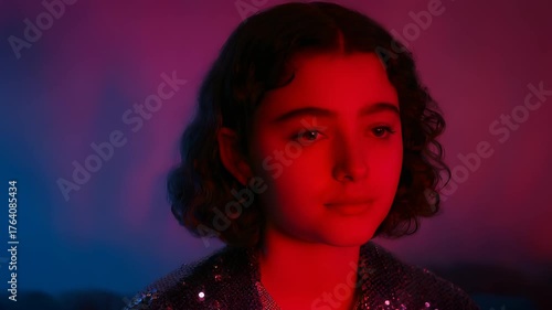  Young Woman in Glittering Jacket Under Neon Lighting
