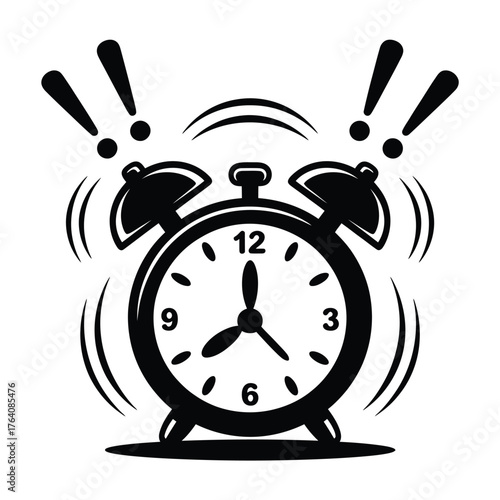Vintage alarm clock ringing loudly with exclamation marks