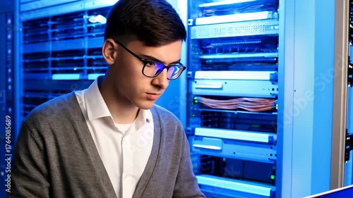  Young Technician Working in Server Room
