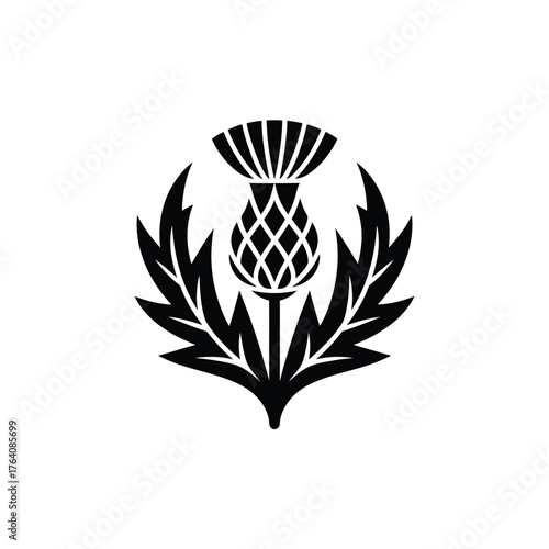 Black and white silhouette of a scottish thistle emblem