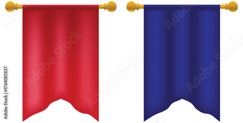 Set of red and blue hanging medieval banner scrolls