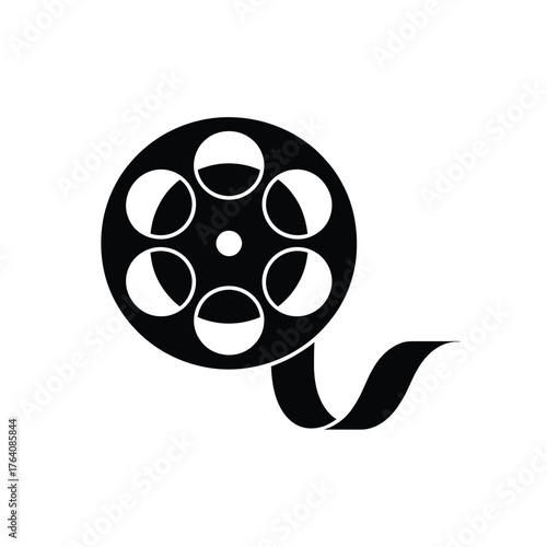 Classic film reel with flowing black and white movie strip