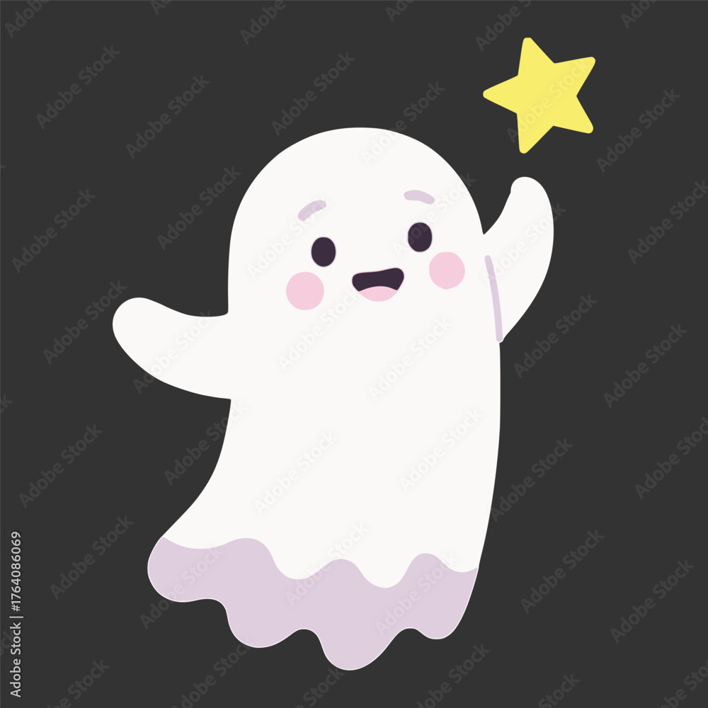 Obraz premium cute ghost flying holding star flat color vector illustration template design