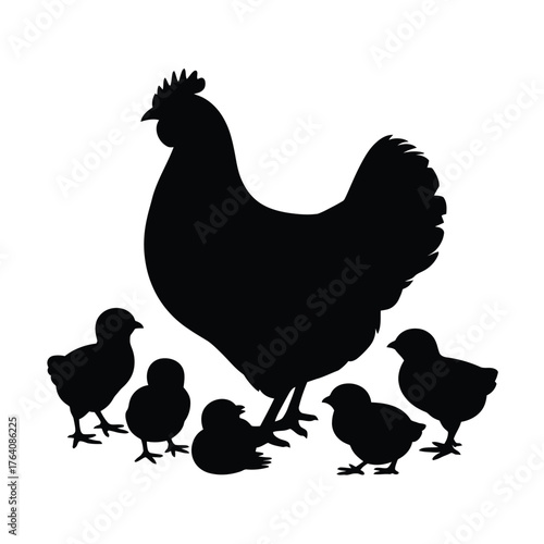 Silhouette of a mother hen with her chicks on a white background