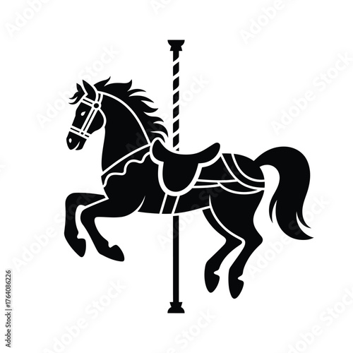 Black silhouette of a carousel horse on a pole