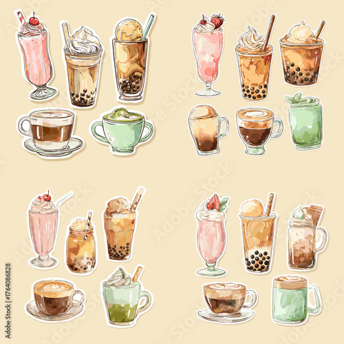 Watercolor illustration of coffee drinks, milkshakes, matcha latte, and bubble tea. Perfect for cafe menus, beverage packaging, or lifestyle design projects.