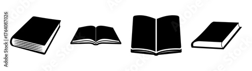 Collection of four black books rendered in various open and closed poses for educational or literary themes