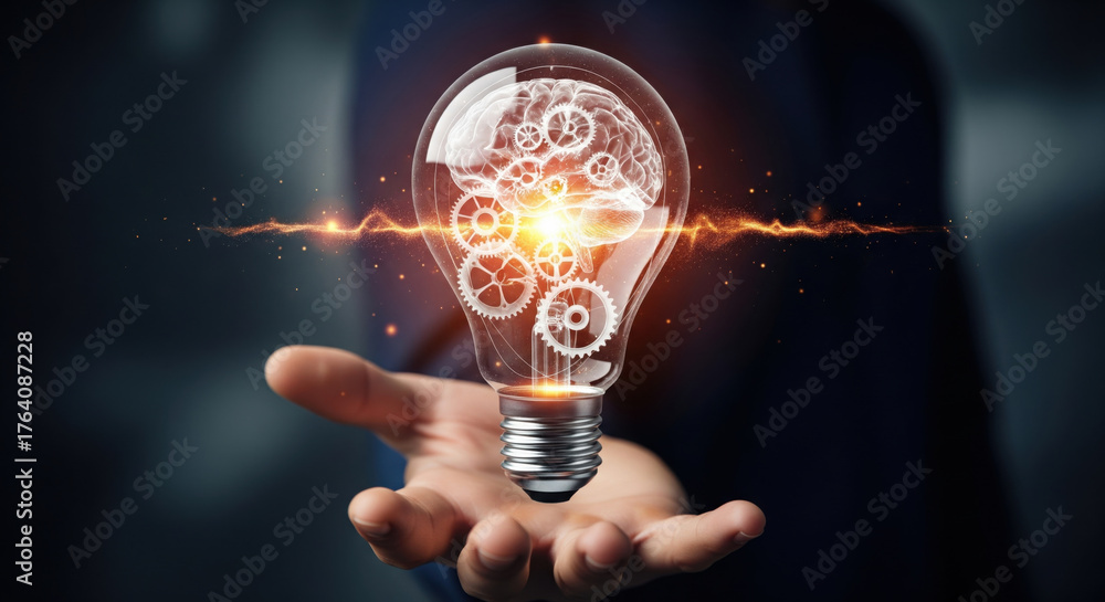 custom made wallpaper toronto digitalLight bulb innovation creativity technology idea gears brain energy glowing hand symbolizes power of imagination and intelligence in modern invention and futuristic thinking