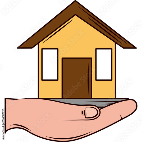 Stylized Illustration Of A Hand Holding A Cartoon House With A Brown Roof And Yellow Walls On A Transparent Background