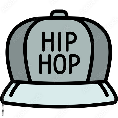 Stylized illustration of a light blue and grey hip hop baseball cap with the text hip hop prominently displayed on the front in black outline on a transparent background