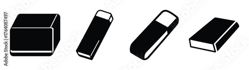 Set of four black erasers for drawing writing and correction various shapes isolated elements