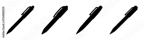 Set of four black pens with clip detail stylized design isolated object art supplies