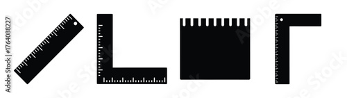 Four abstract geometric shapes of measuring tools rendered in black against white