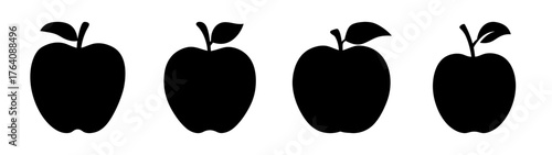 Four stylized black apple silhouettes with stems and leaves against a white backdrop
