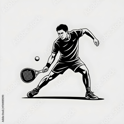 Male padel player in motion hitting forehand shot, minimalist sports silhouette