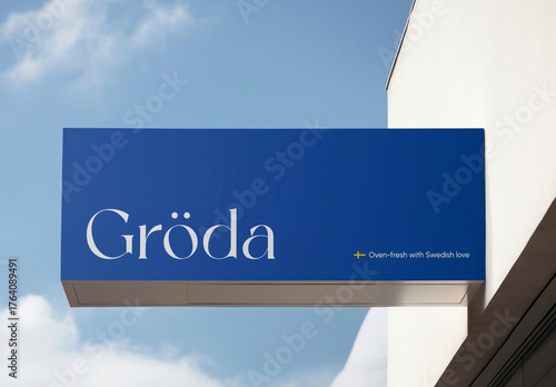 Blue Storefront Sign With Text Mockup PSD With Generative AI