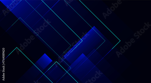 Modern abstract background showcases geometric shapes and neon light accents in a deep blue and black color palette, creating a stylish and contemporary design
