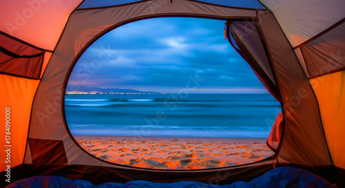 Tent View Beach Ocean Sunset Camping Blue Water Sky Orange Interior Coastal Scenic Paradise