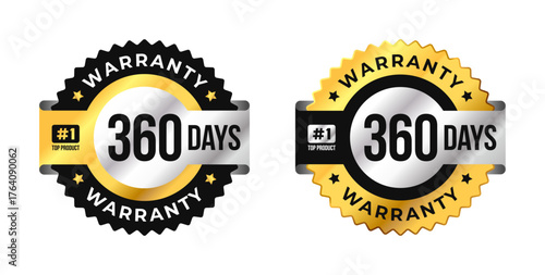 Premium 360 days warranty circle badge vector with black, gold and silver colors. Perfect for product guarantee, icon, logo, symbol, seal, stickers, quality assurance, label, certification
