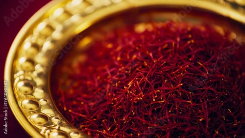 Saffron threads in a gold bowl close up, vibrant red spice detail food video