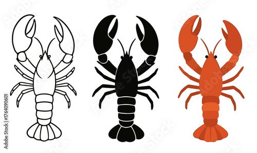 Vector Lobster, 3 versions, outline, silhouette and colored