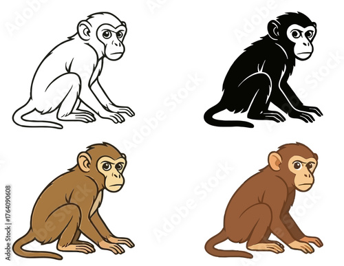 Vector Monkey, 3 versions, outline, silhouette and colored