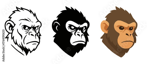 Vector Gorilla, 3 versions, outline, silhouette and colored
