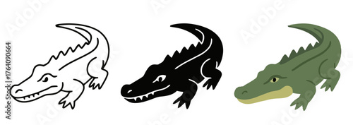 Vector Crocodile, 3 versions, outline, silhouette and colored