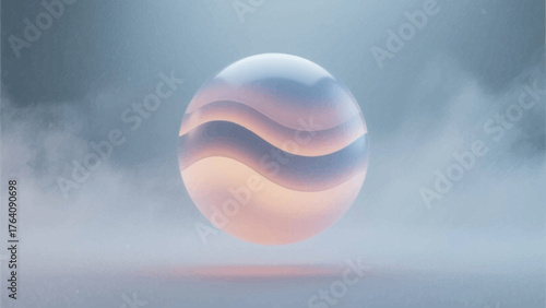 Abstract sphere with wavy layers and soft glow floating in a misty environment