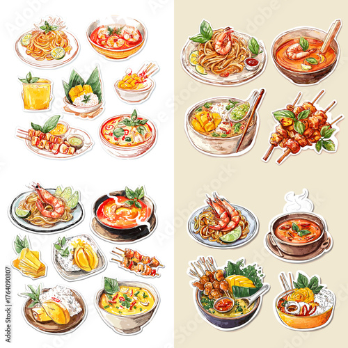 Colorful watercolor illustration of Southeast Asian dishes such as tom yum, satay, curry, and rice noodles. Great for restaurant menus, travel guides, and recipe blogs.