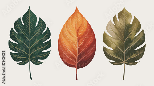 Decorative illustration of three stylized leaves in varying shades of green and orange