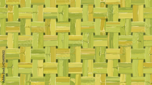 Green woven bamboo pattern creates a textured background with natural light effects